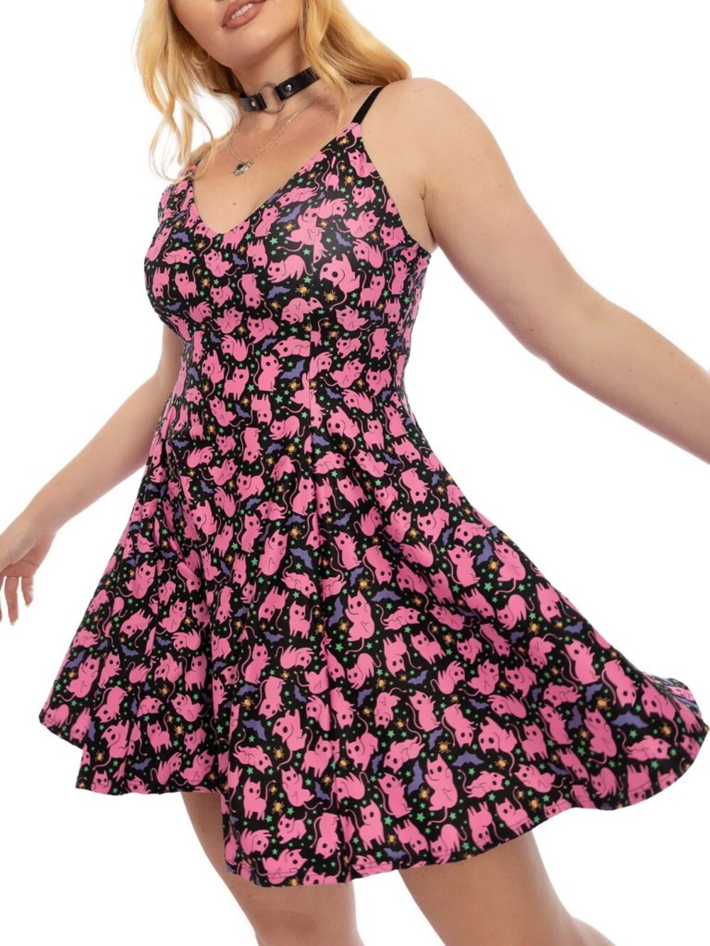 BlackMilk Purr Evil Mini Strappy Dress pink evil cats stars S NWT "Luci-fur"